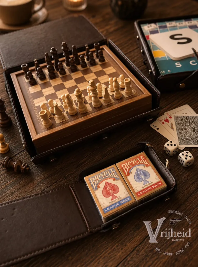 Leather case holding a chess board, with playing cards and dice